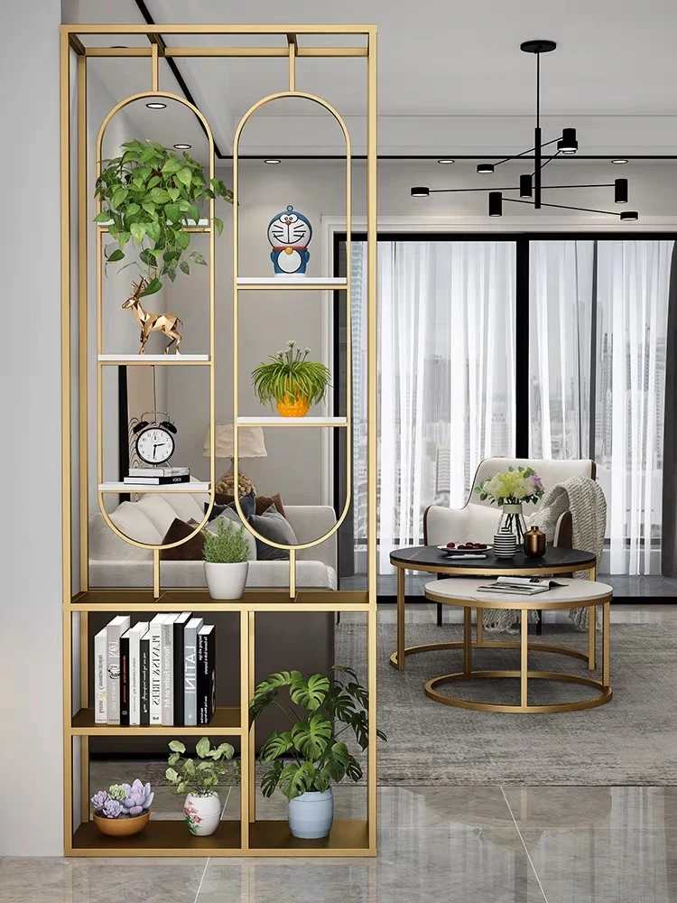 北欧不锈钢铁艺现代简约雕花玄关入户镂空客厅实木屏风隔断置物架