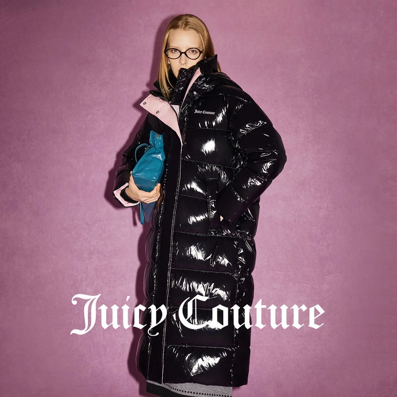 JUICYCOUTURE橘滋甜酷logo印花撞色襟女式长款羽绒服