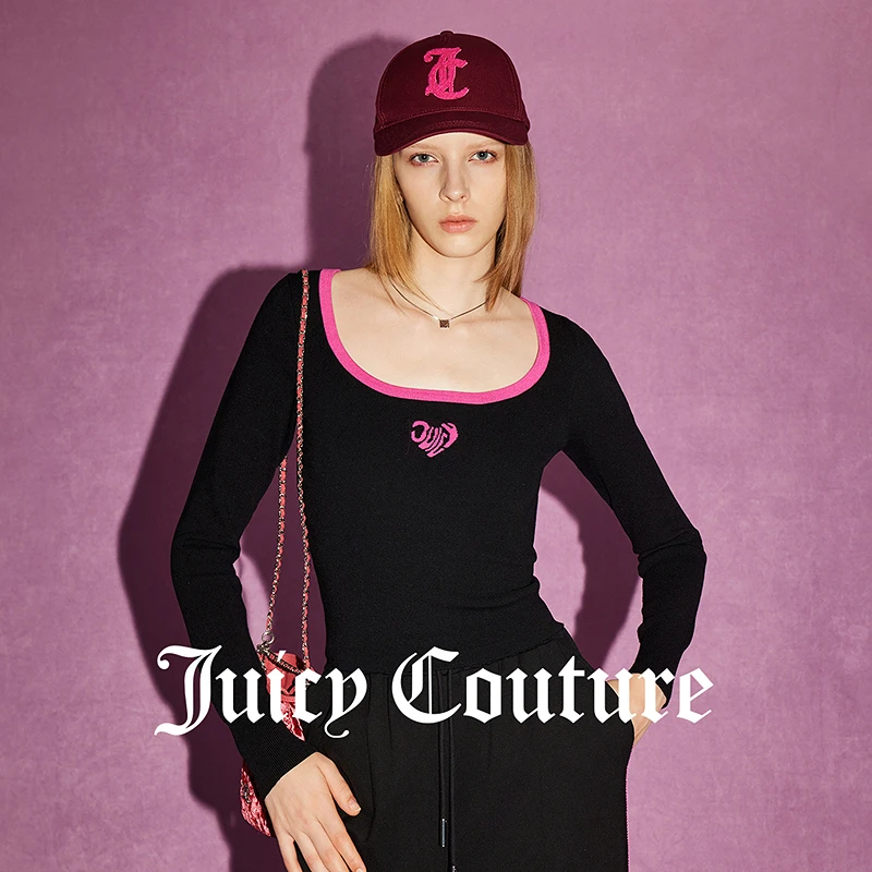 JUICYCOUTURE橘滋纽约黑巧爱心Logo提花撞色领圈长袖女式针织毛衣