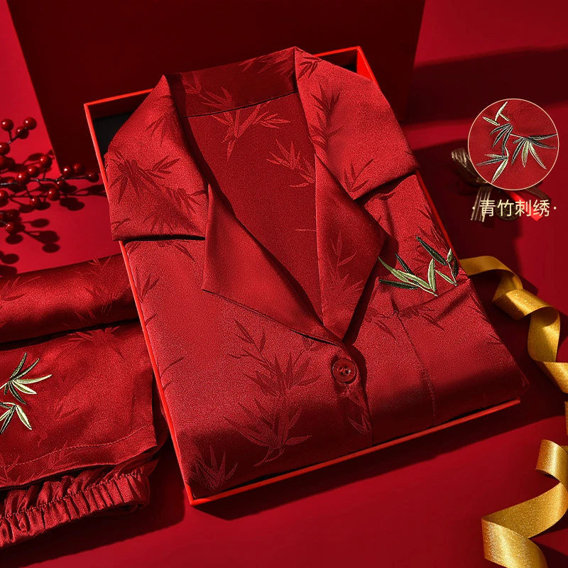 36岁属蛇24岁本命年红色睡衣套装中式风格竹纹家居服套装