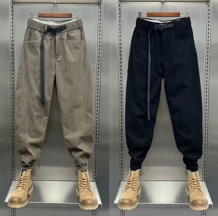 秋冬新款男士加绒直筒工装裤条绒休闲裤百搭宽松哈伦小脚裤