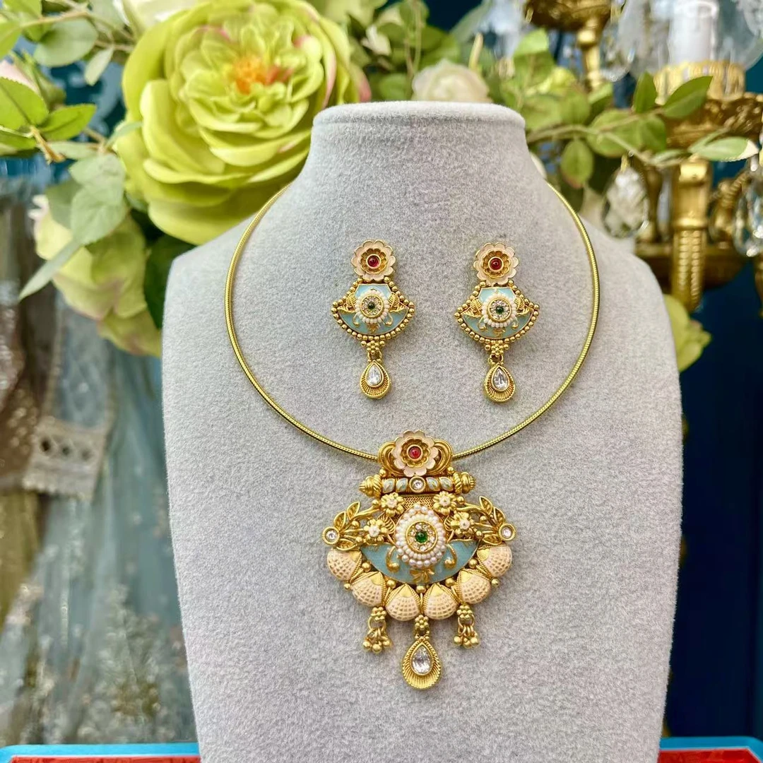 铜合金玻璃项链 【04294】印巴时尚项链套装民族风精美粉蓝色百搭