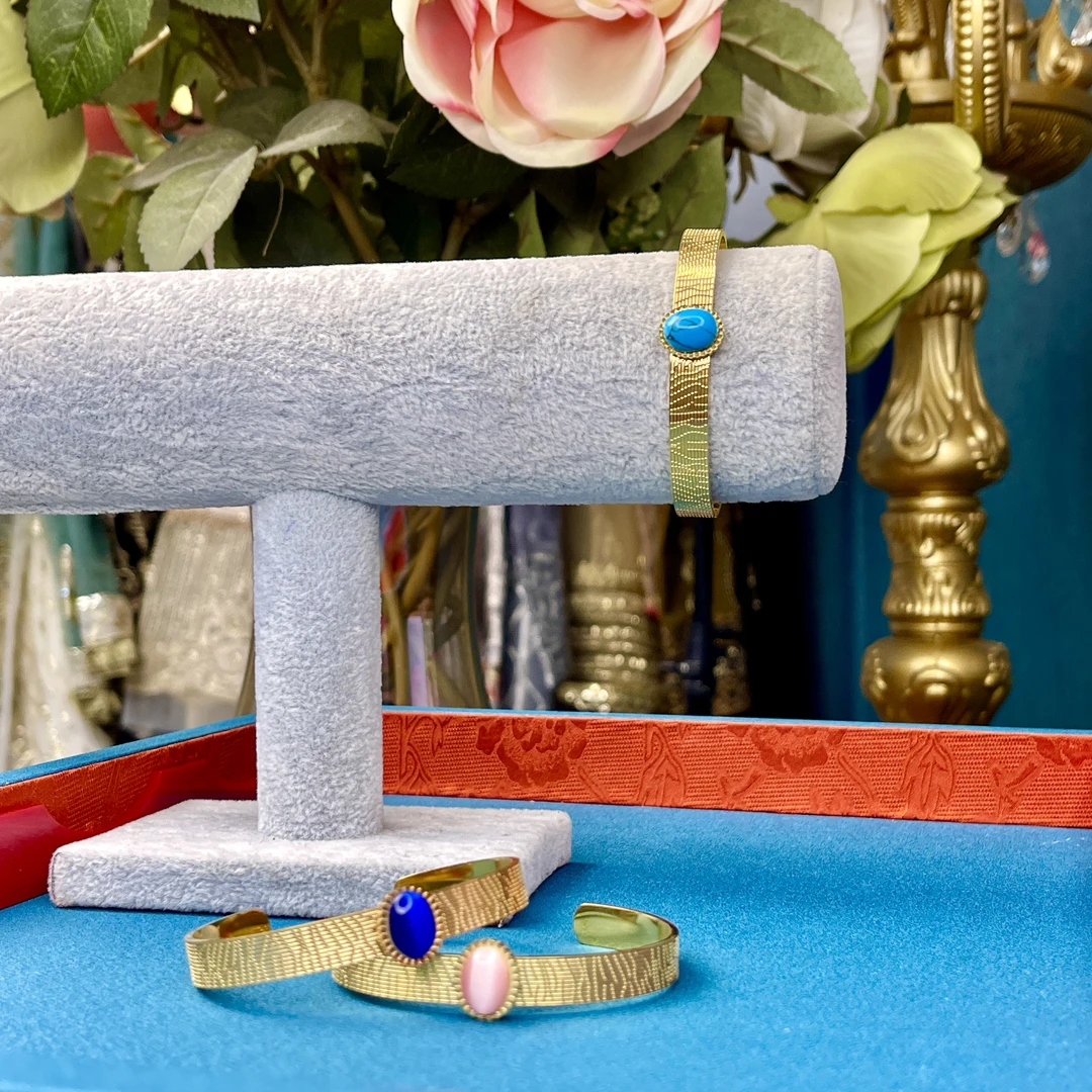 铜合金玻璃手镯 02325印度春夏新款金色手镯气质轻奢复古百搭手工