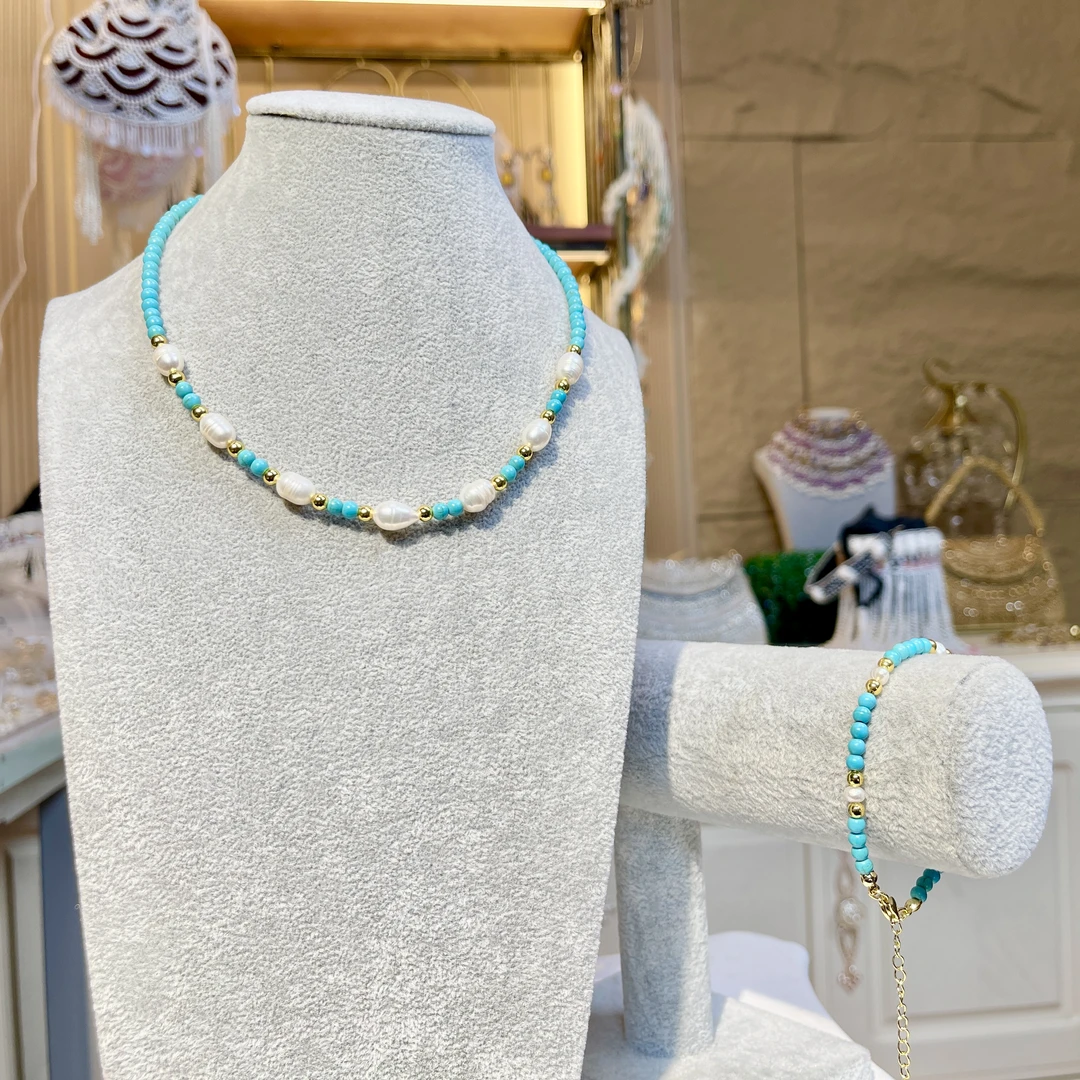 铜合金玻璃项链 【04353】瑾瑟印巴项链套装气质蓝色轻奢百搭简约