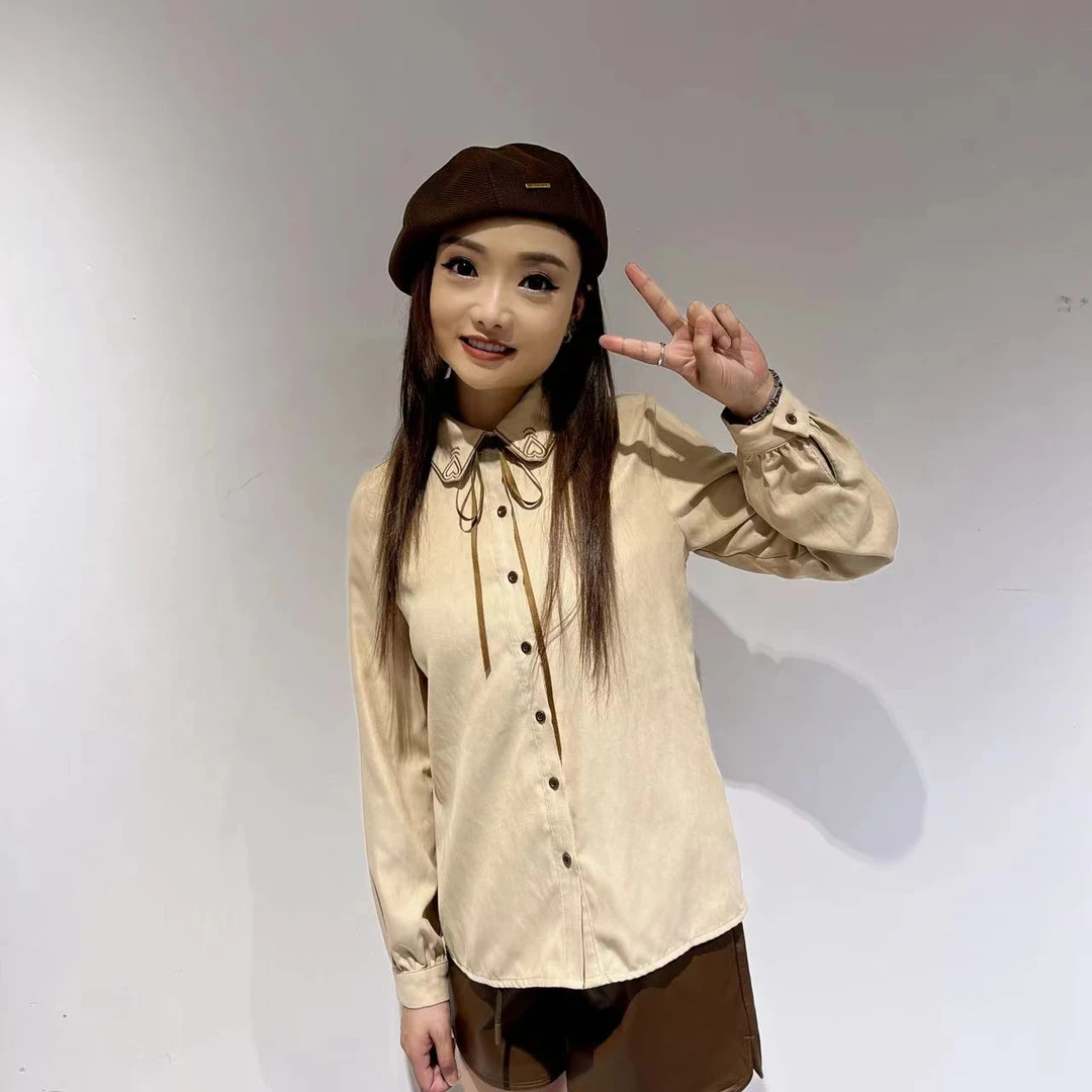 秋冬季甜美乖巧温柔减龄学院风小翻领领口蝴蝶结系带百搭长袖衬衫