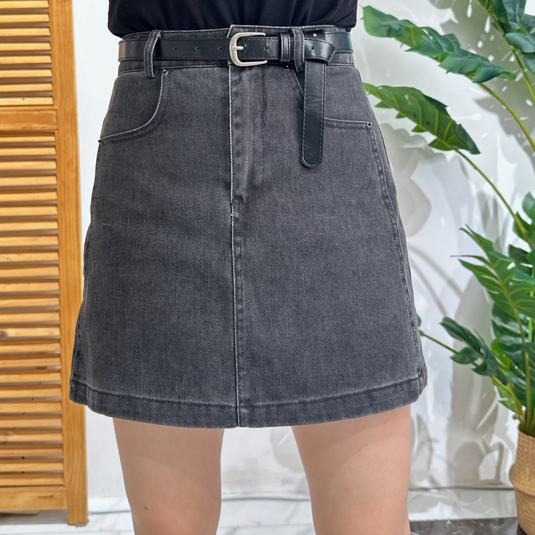 SHINE EMMY灰色短款牛仔裙复古休闲风/新款防走光A字显瘦百搭短裙