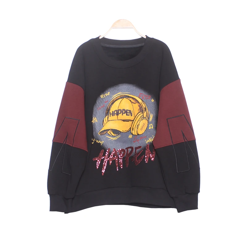 圆领卫衣加绒加厚时尚印花拼接大码宽松休闲百搭2024冬季新款爆款