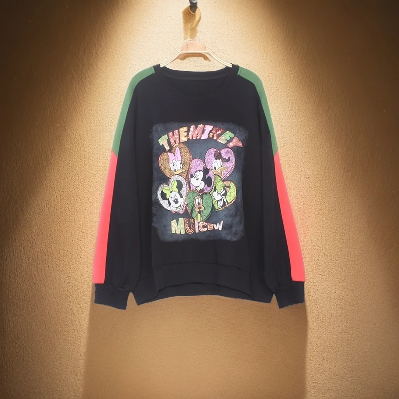 时尚卫衣圆领长袖卡通印花大码显瘦宽松减龄时尚棉质拼接休闲上衣