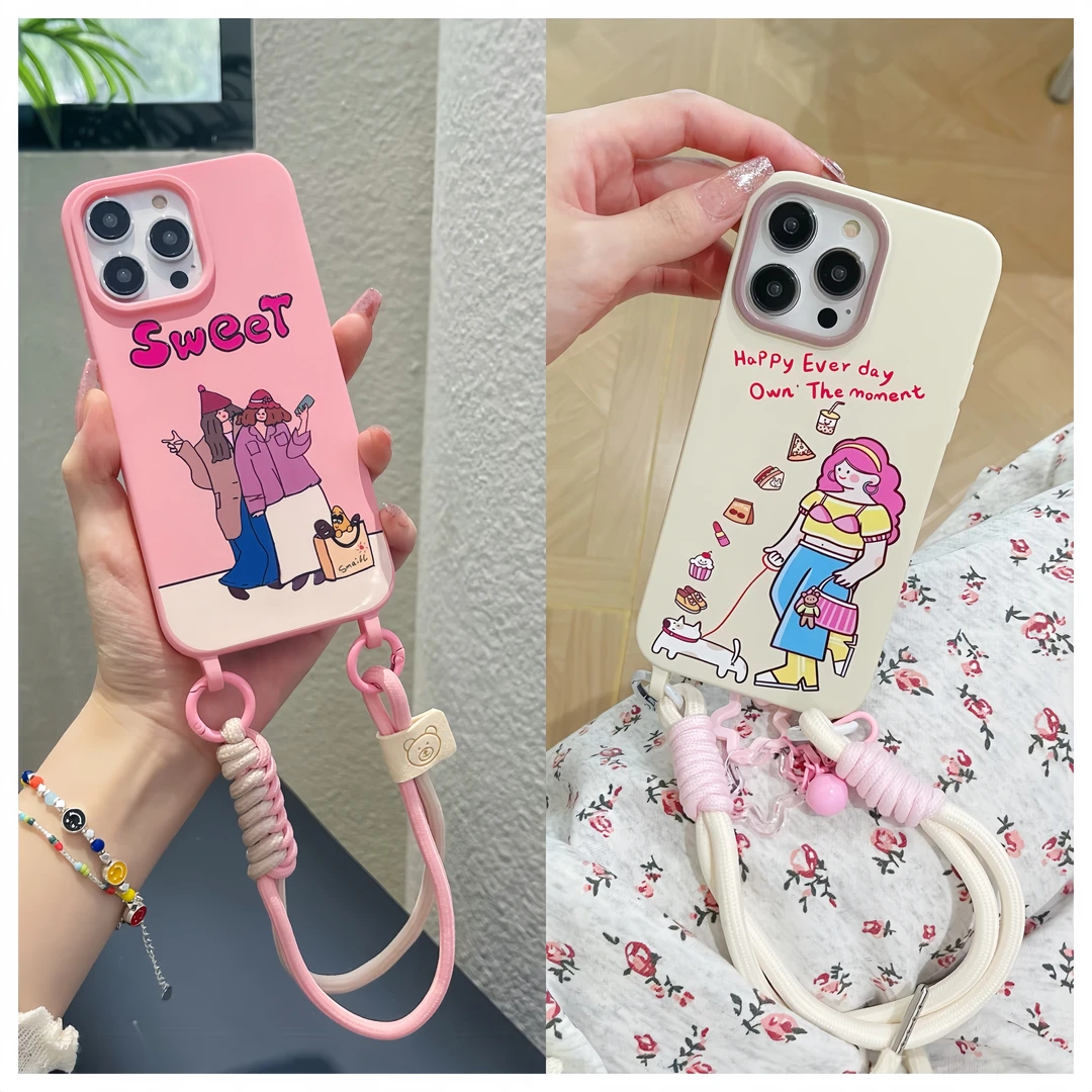 创意卡通插图适用苹果15promax手机壳挂绳ins个性防摔14肤感全包