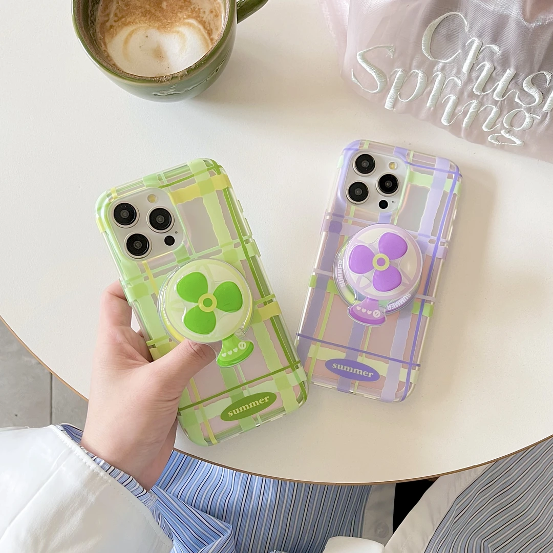 原创二合一磁吸彩色格纹风扇支架适用苹果15promax手机壳高级感14