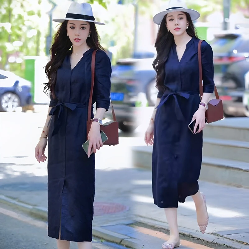 高级感宽松气质苎麻长裙女2024年夏季V领系带收腰显瘦纯色连衣裙