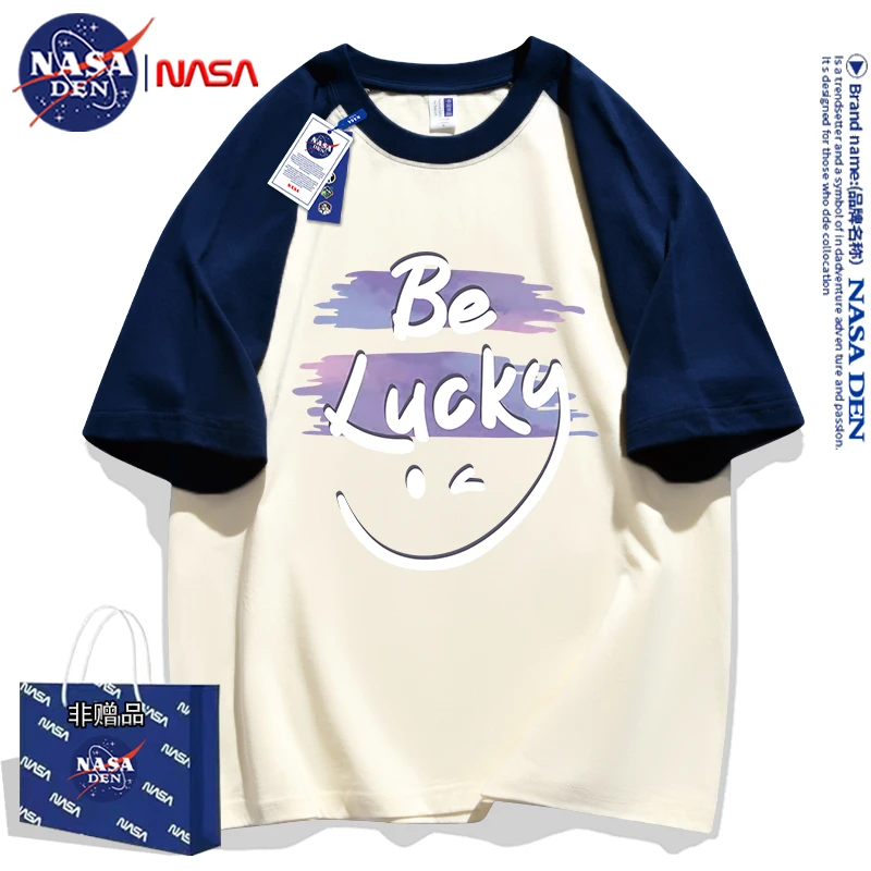 NASA联名百搭印花插肩袖拼接重磅纯棉五分袖男女款日常撞色短袖潮