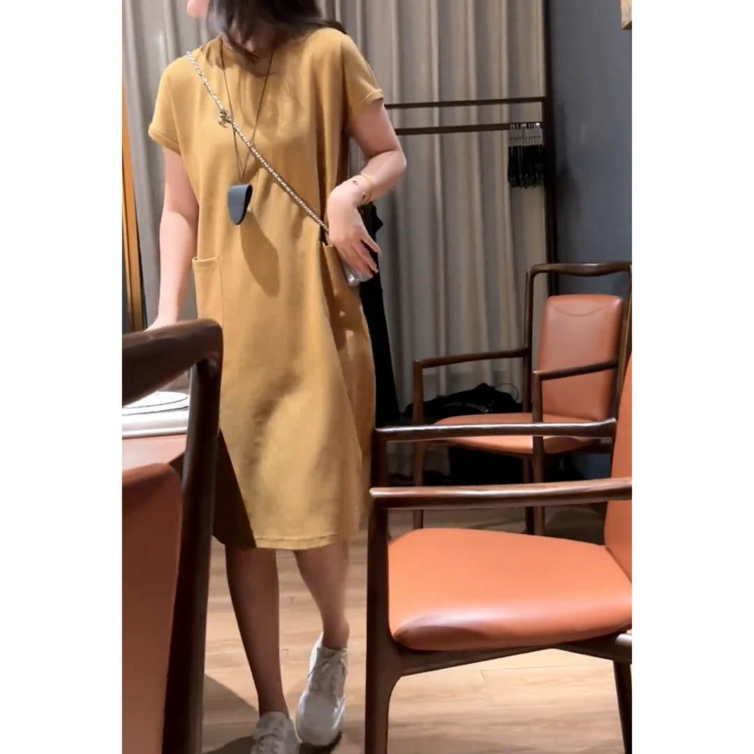 2024夏季新款休闲显瘦中长款韩版时尚过膝纯色减龄女宽松连衣裙