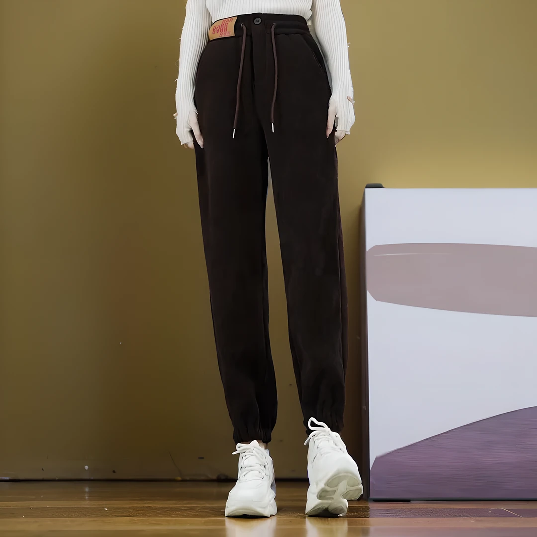 哈伦卫裤新款加绒加厚雪尼尔复合澳粒绒拼接纽扣口袋设计显瘦裤子