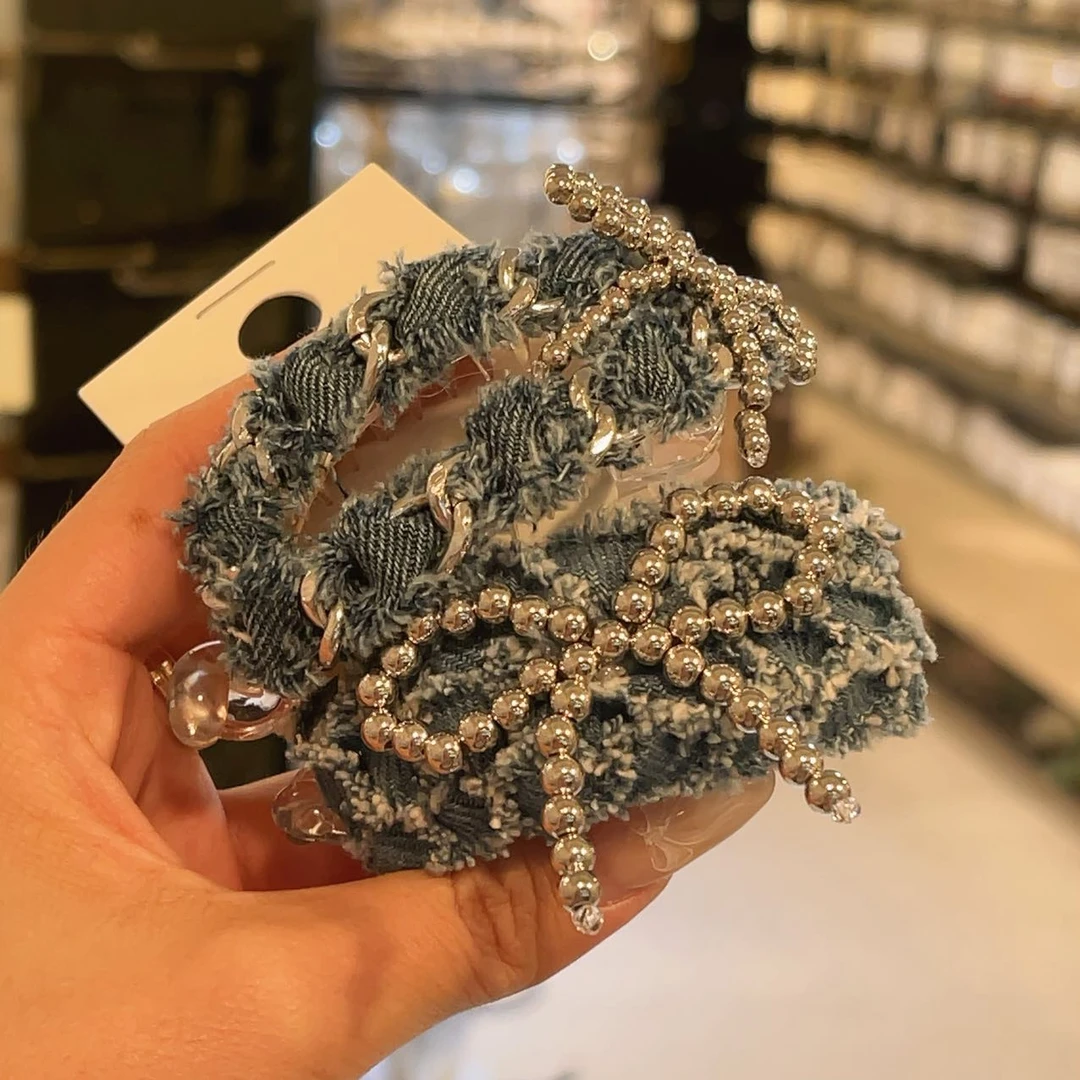 韩国东大门牛仔链条串珠蝴蝶结马尾夹L052103