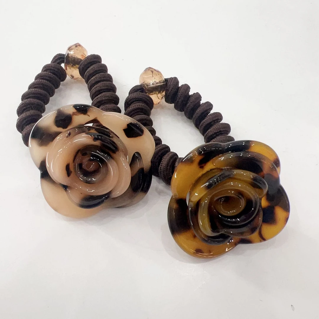 韩国东大门复古时尚树脂豹纹晕染立体玫瑰电话线发绳L101001