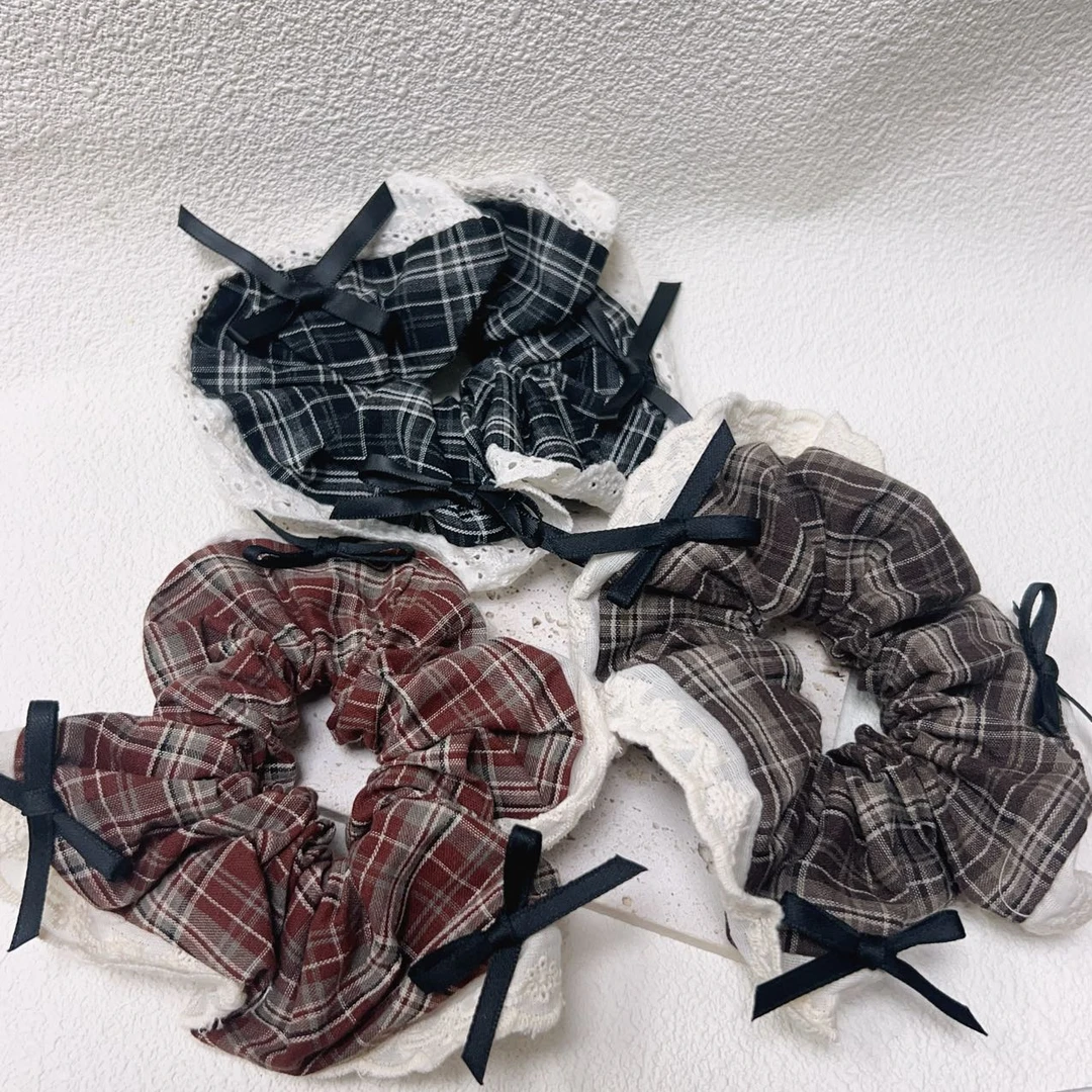 MY SISTERS韩饰复古甜美风格子蕾丝蝴蝶结休闲百搭发圈L110207