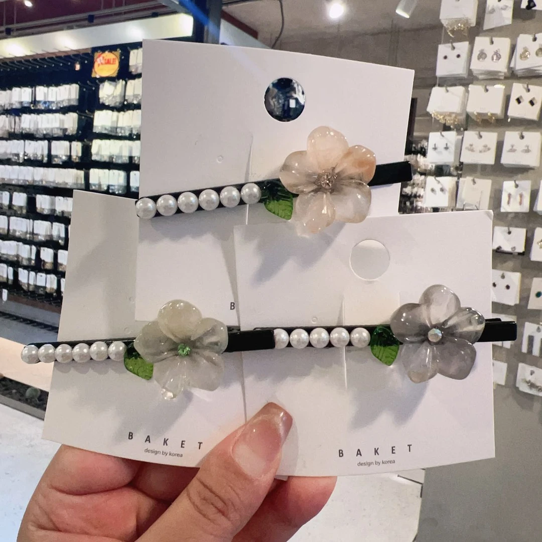 韩国东大门时尚百搭小花叶子珠珠侧边鸭嘴夹L070703