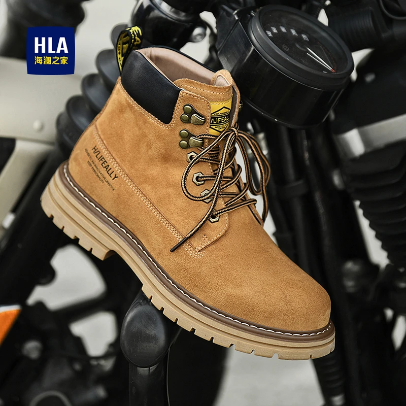 HLA/海澜之家男鞋2024秋季新款高帮经典大黄靴加绒保暖休闲马丁靴