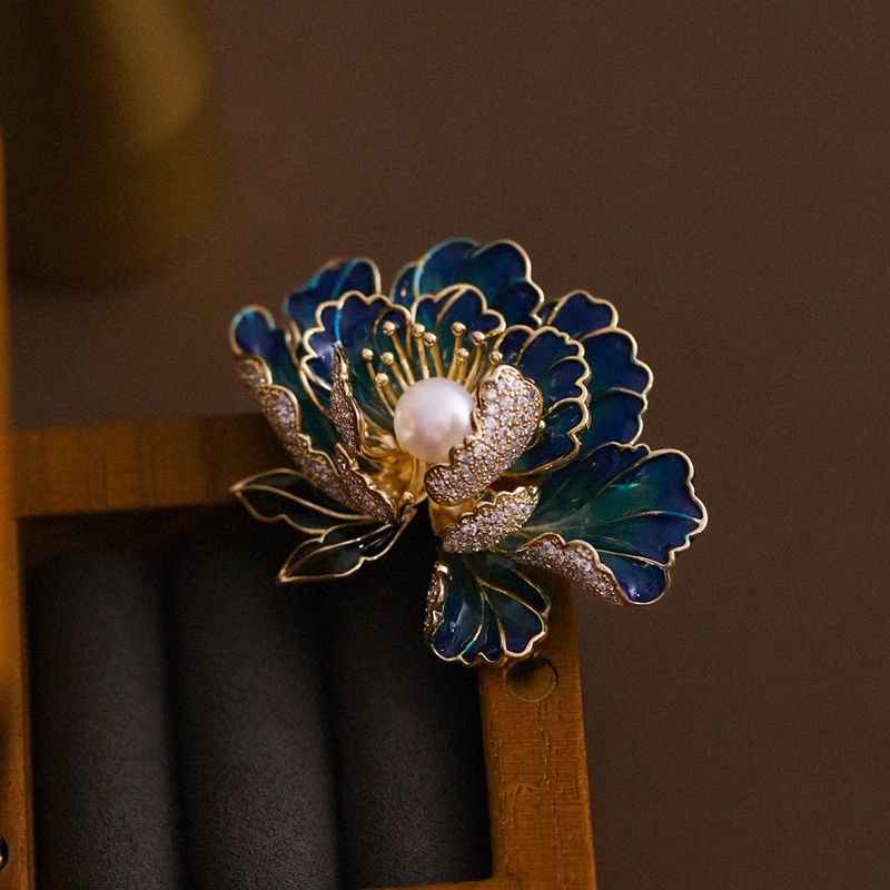 铜合金珐琅胸针 小众国风蓝色渐变牡丹花胸针百搭复古古风古典
