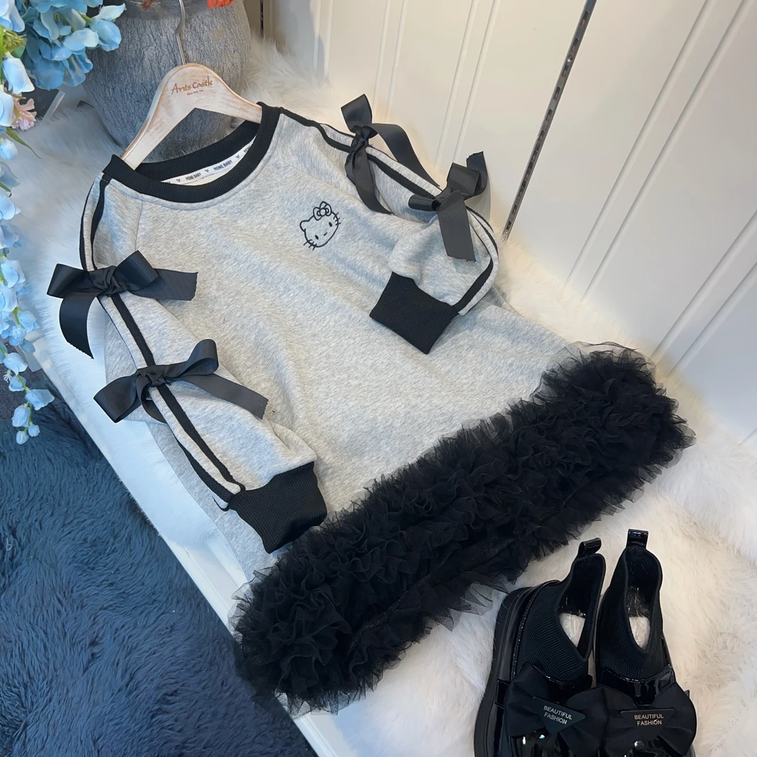 女童秋冬新款加绒卫衣宽松长T 时尚洋气中大童蝴蝶结加厚长袖上衣