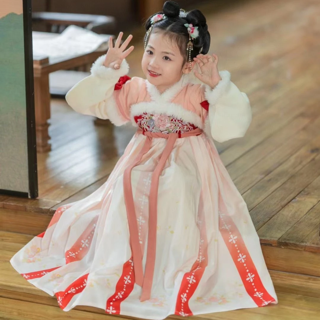鎏英冬季新款古风女童加绒中国风汉服加厚襦裙