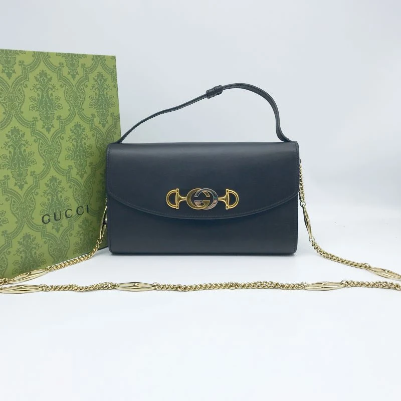 95新 GUCCI/古驰 洋诚二手 古驰黑色斜挎链条包 98新 公价17500