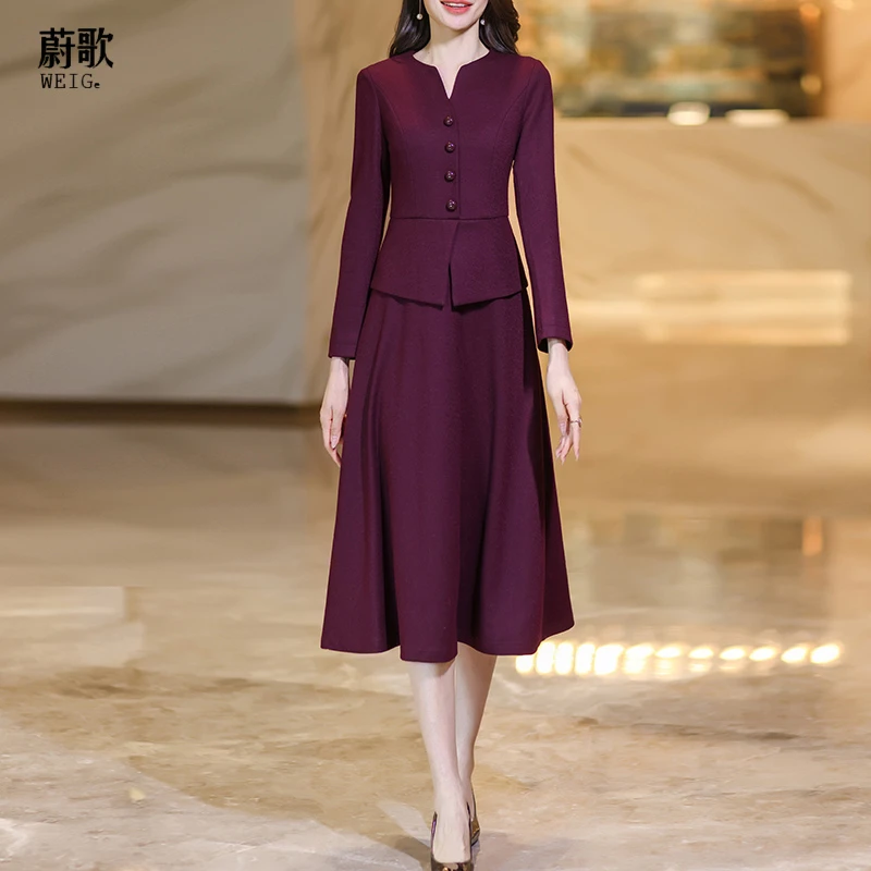 毛呢连衣裙2024秋冬新款修身显瘦气质安可拉红中长款打底裙女1805