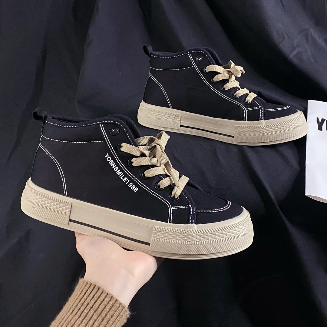 秋季潮流高帮厚底简约帆布女新款ins百搭小白鞋圆头休闲鞋 GD33