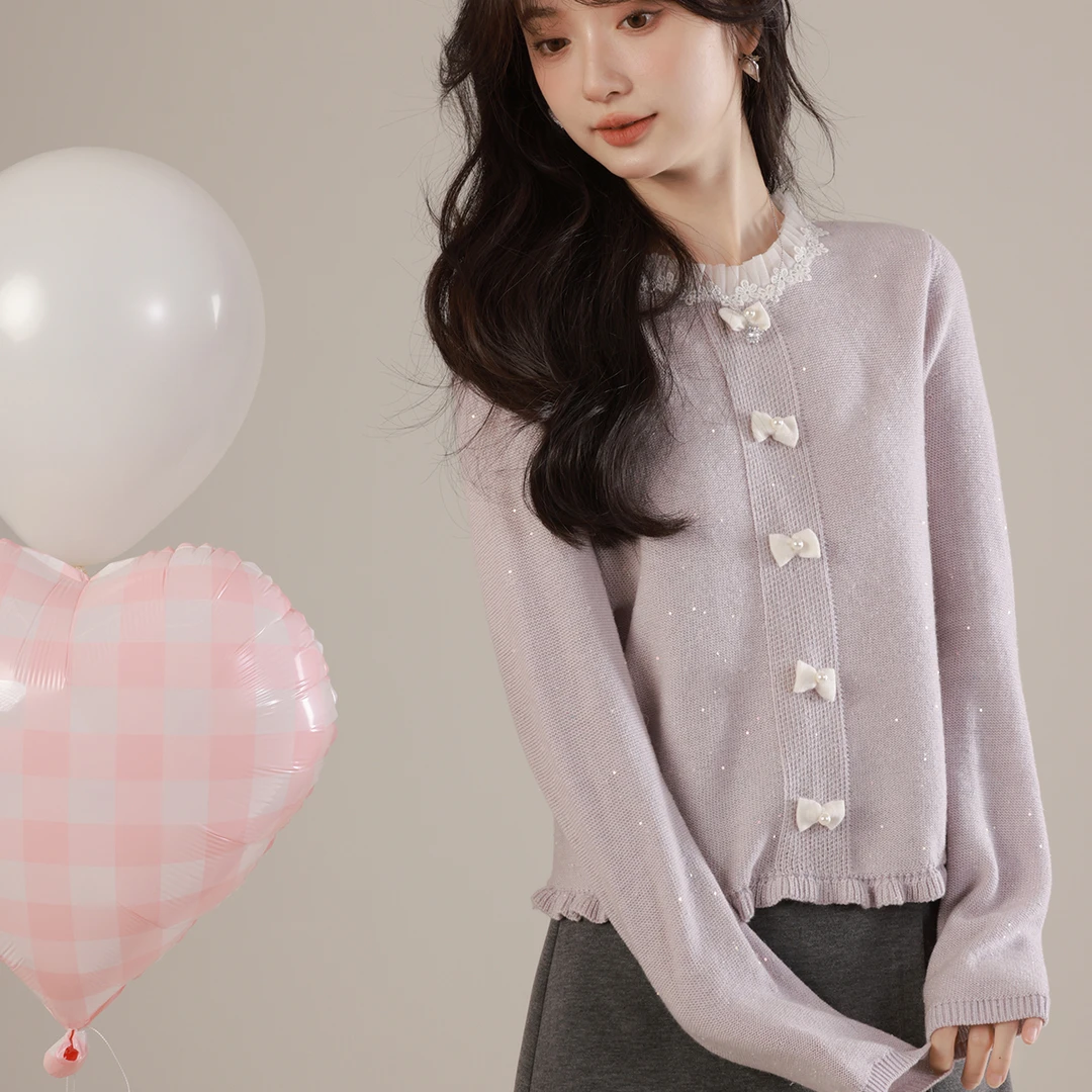 花栗鼠小姐 绵绵雪花酥单拍 韩系甜美亮闪闪蝴蝶结小毛衫