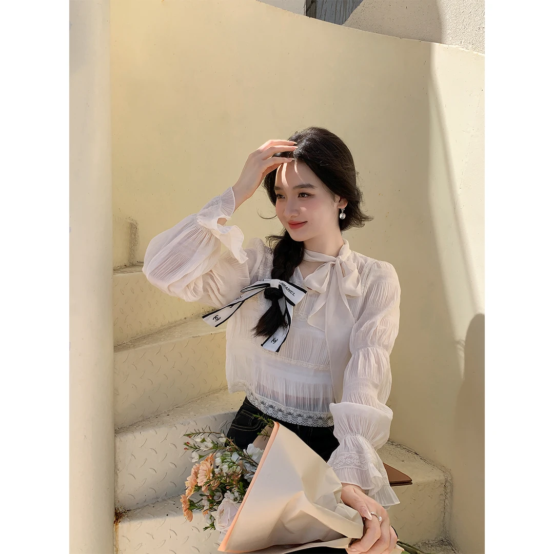 花栗鼠小姐sweet 微醺甜茶/雪纺压褶 甜美小女人味系带小衫