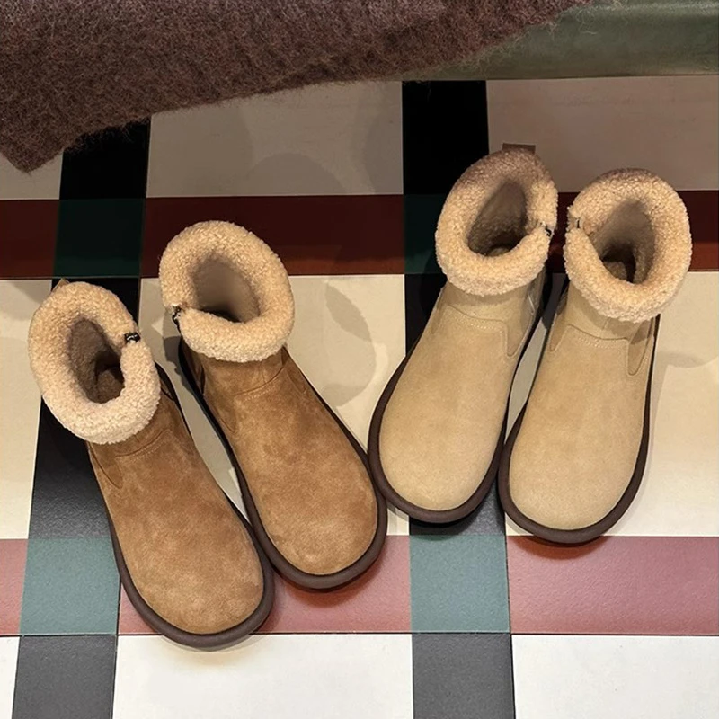 羊羔毛保暖棉鞋女2023秋冬季平底短靴百搭翻毛雪地靴皮毛一体