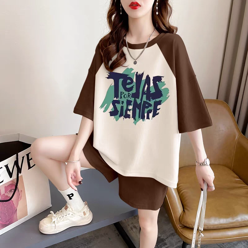 胖mm大码女装撞色插肩袖短袖女夏季纯棉休闲体恤2024新款上衣女