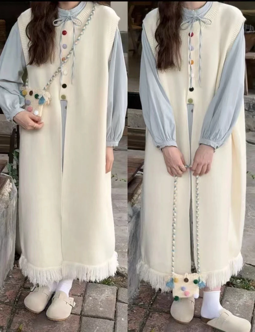 日系彩扣流苏背心衬衫连衣裙两件套9293～