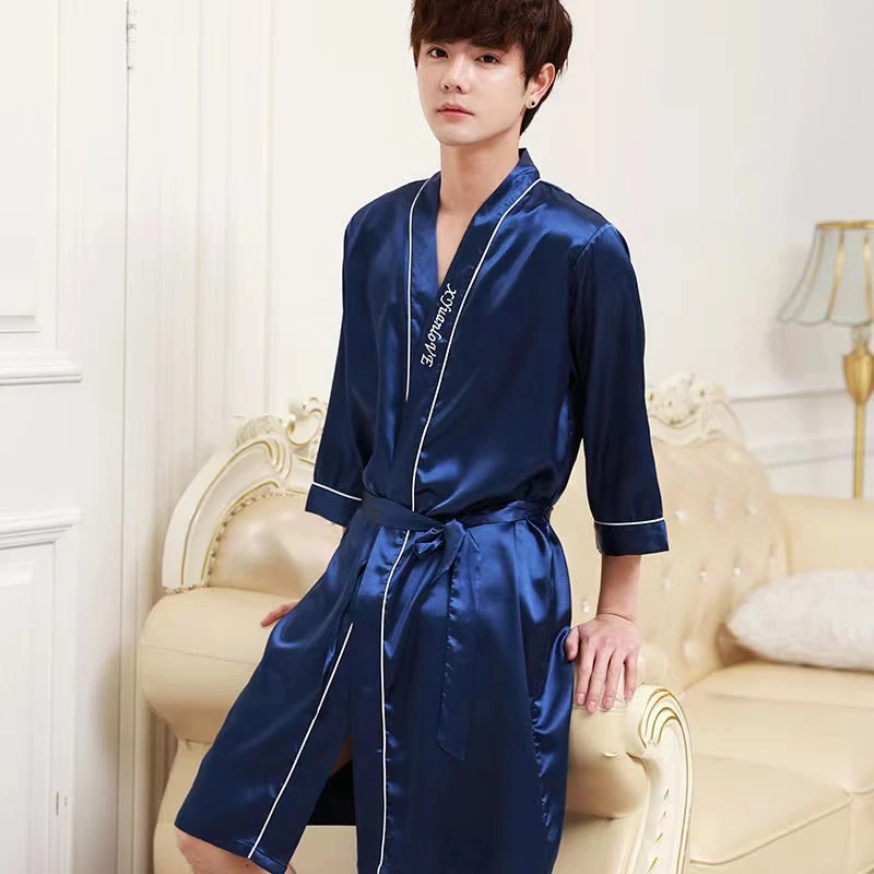 GUXIANGYUE/古香约夏季男士睡袍冰丝夏天7分袖浴袍韩版薄款家居服