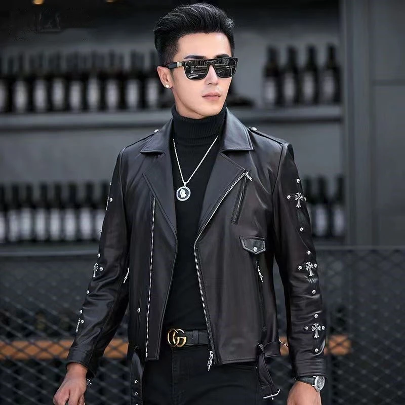 男士皮衣绵羊真皮皮衣男高档机车皮衣西装领皮夹克男款皮衣外套男