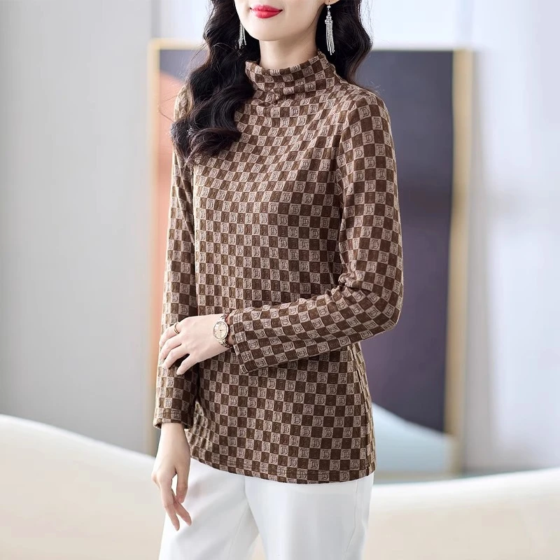 大码胖mm遮肚上衣藏肉格子t恤女2023年秋季新款妈妈半高领打底衫