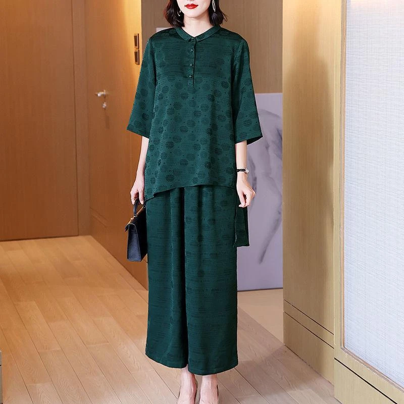 高档大码时尚套装女春夏季胖MM洋气阔太太妈妈装上衣阔腿裤二件套