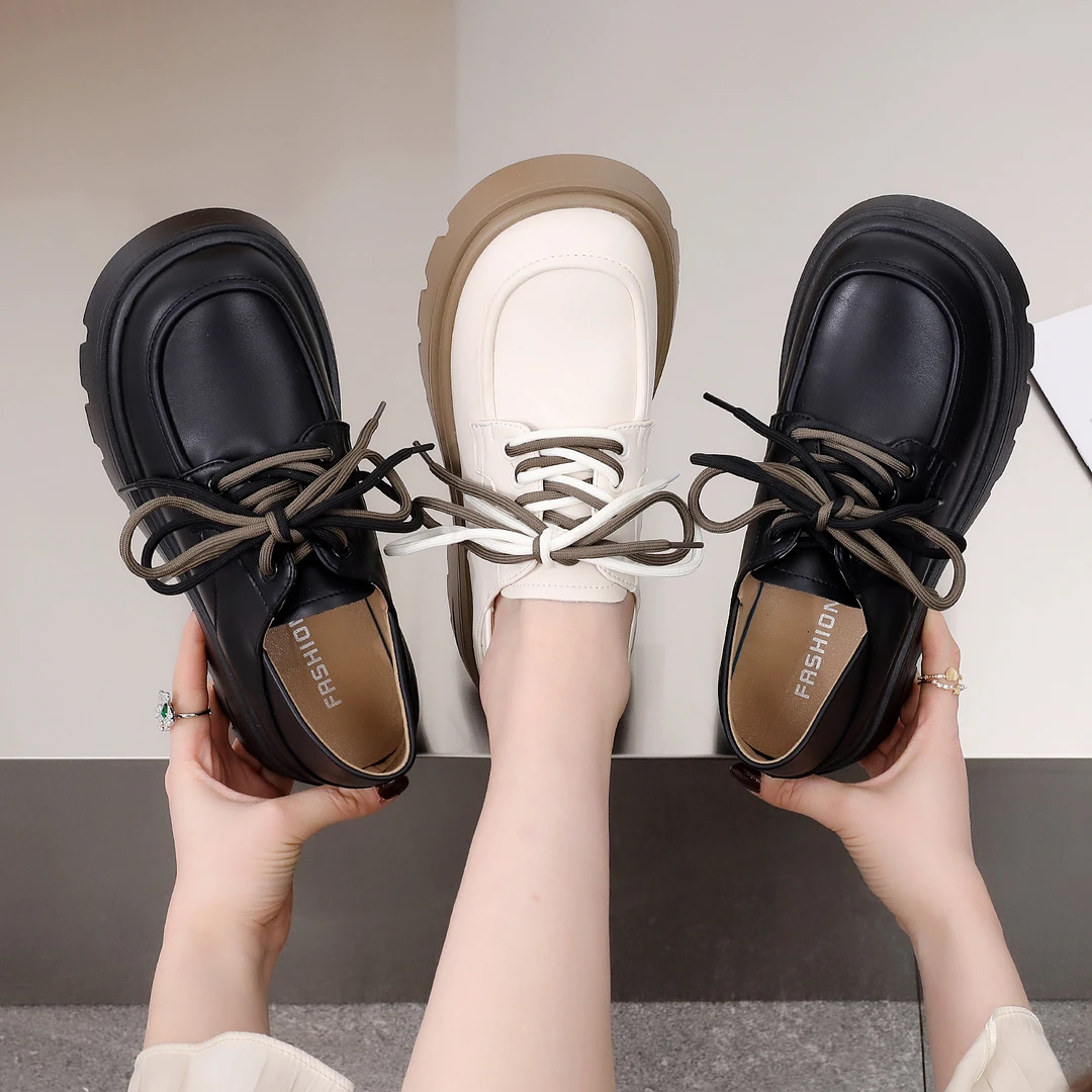 2024春首发 抢新价～真皮英伦风小皮鞋女厚底增高双鞋系带乐福鞋