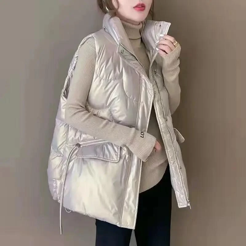 艾莱依2023韩版免洗亮面羽绒服马甲女短款宽松立领马夹冬季外穿坎