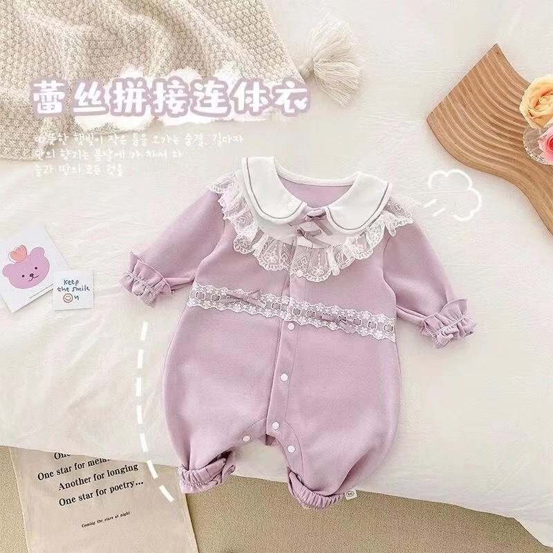 女宝宝哈衣春季新款纯棉婴儿韩版连体衣新生儿外出蕾丝爬服