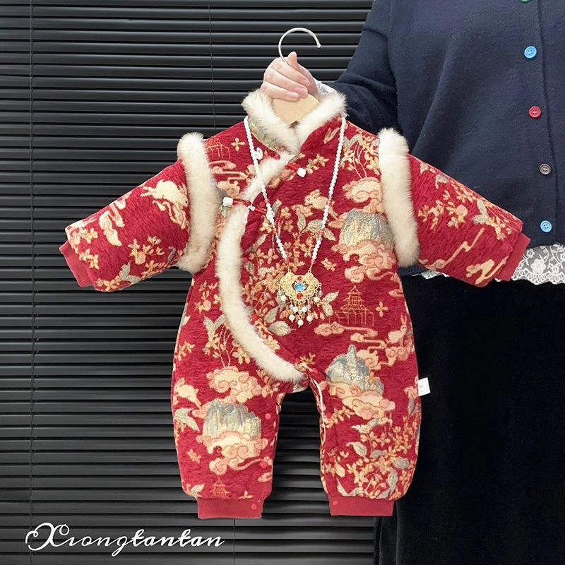 周岁女宝宝中式红色喜庆衣服婴儿冬季加绒夹棉连体衣新生儿拜年服