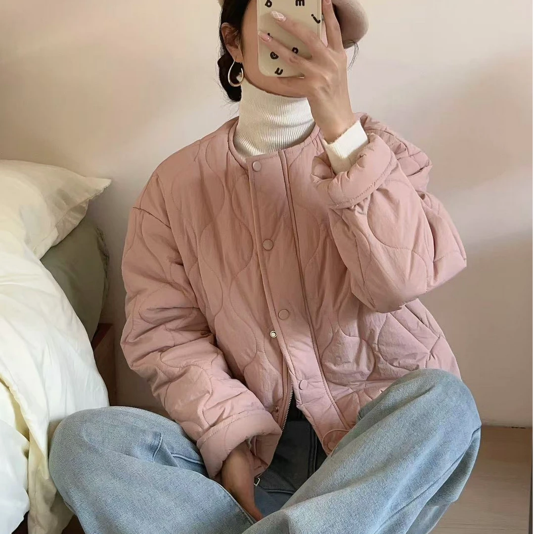 韩国ins菱格棉服女冬季保暖加厚简约高级感短款圆领显瘦棉衣外套