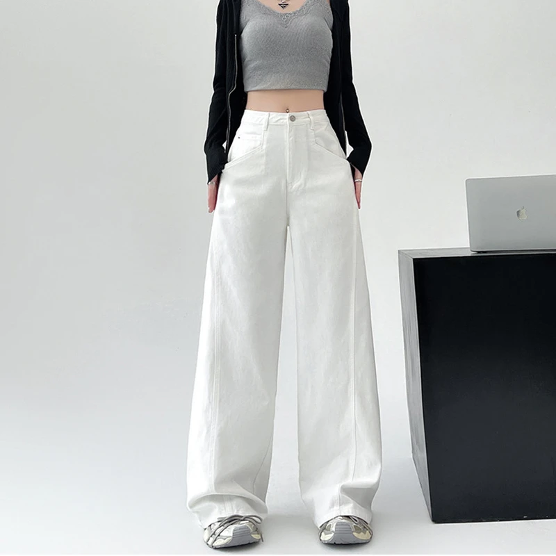 爆款高档洋气白色垂感牛仔裤女高腰休闲阔腿裤百搭显瘦直筒拖地裤