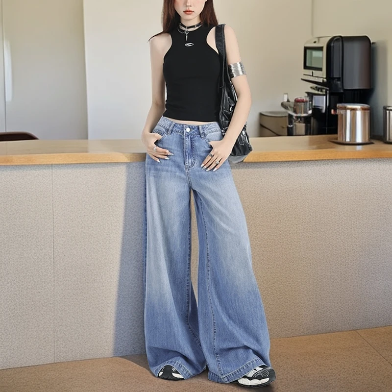 夏季潮流百搭垂感牛仔裤女美式高街高腰阔腿裤显瘦宽松直筒拖地裤