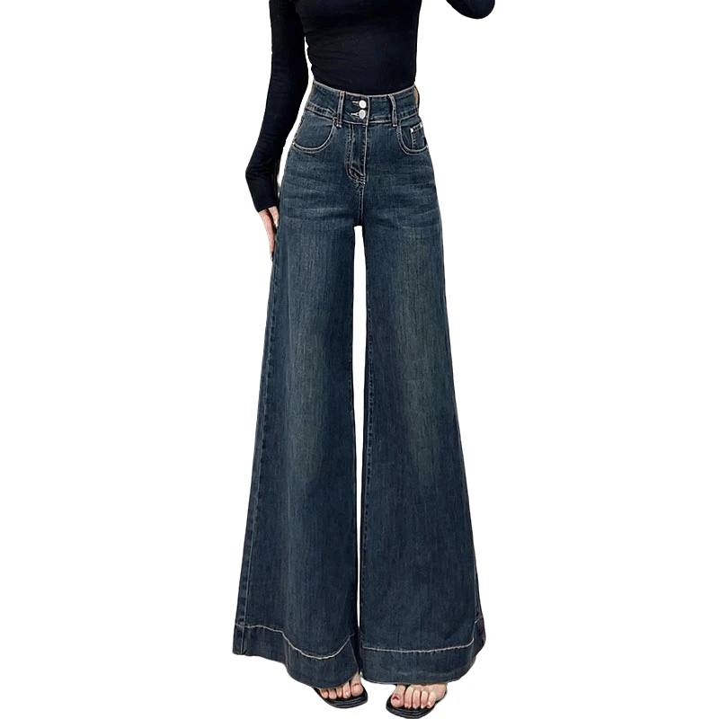 高质量洋气牛仔裤女秋季爆款宽松显瘦百搭弹力直筒时髦拖地裤女士