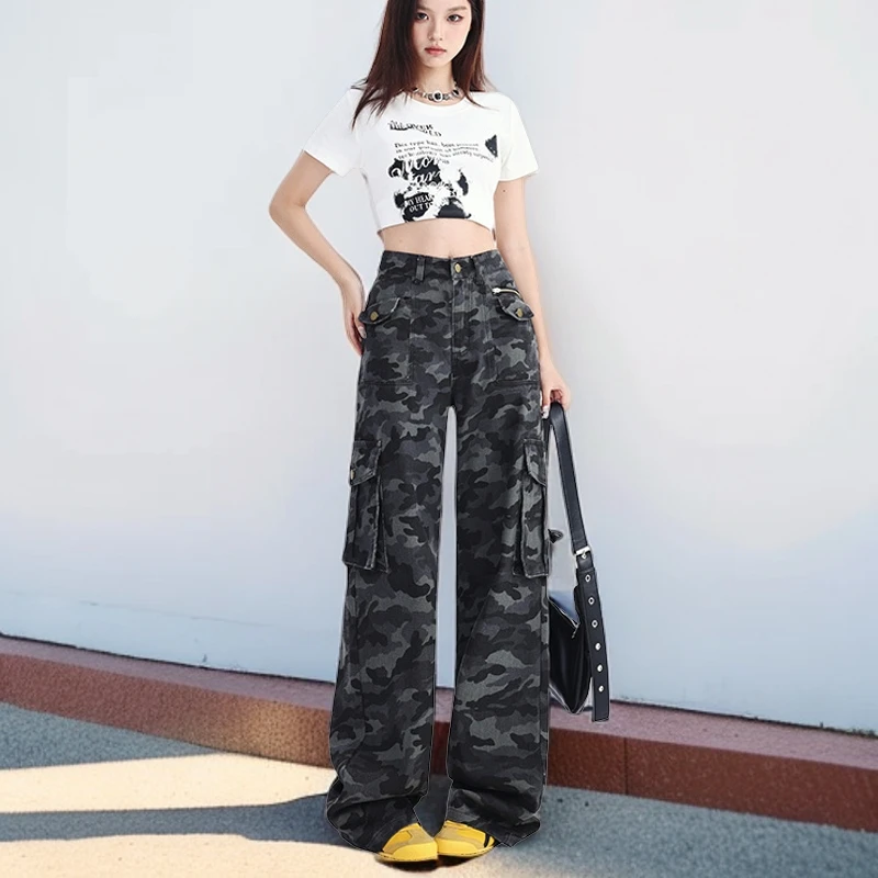 春季潮酷甜美辣妹风迷彩阔腿工装牛仔裤多口袋高腰显瘦百搭牛仔长