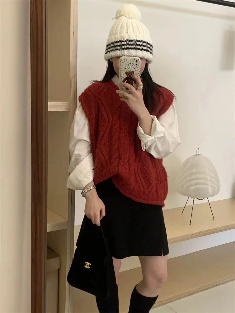 【层次穿搭】粗毛线针织马甲背心女春秋宽松外穿毛衣坎肩叠穿上衣