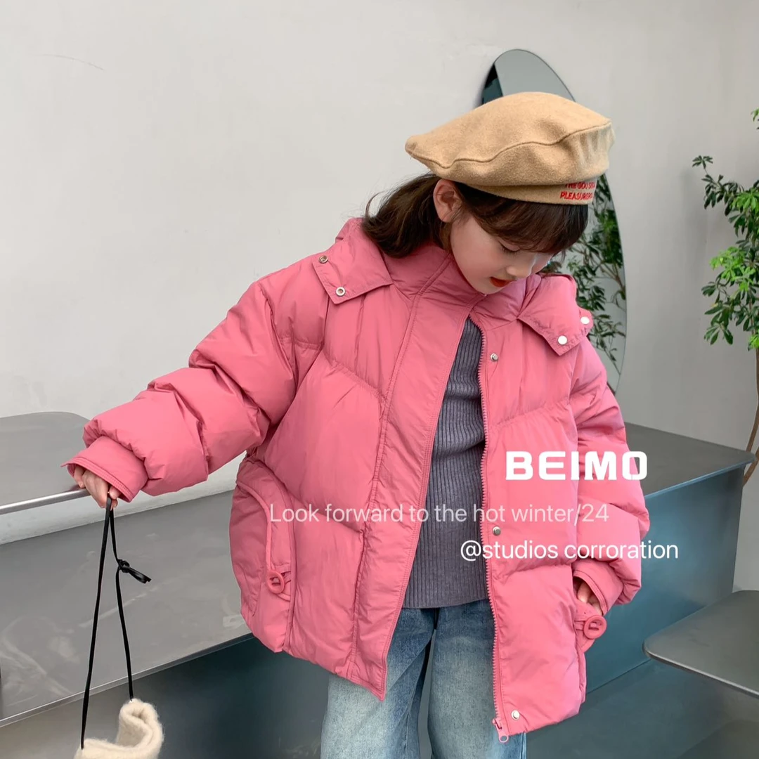 冬季女童羽绒服加厚短款连帽时尚儿童外套洋气中长款中大童纯色