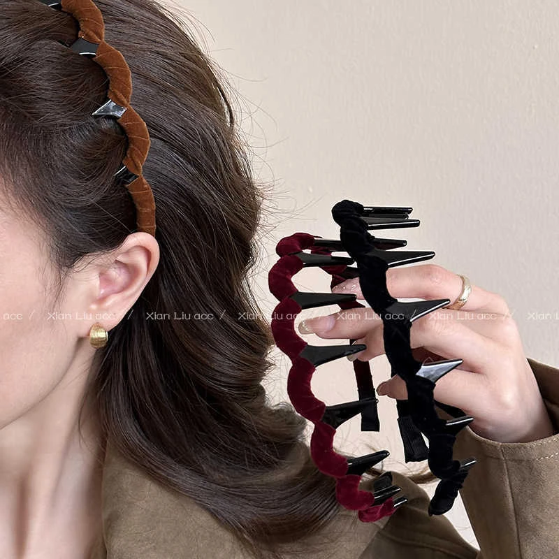 布艺丝绒缠绕波浪发箍女2024新款高级感带齿防滑头箍蓬松发卡发饰